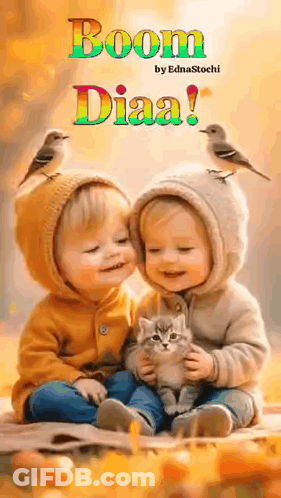 Babies Holding Kitten With Birds On Heads GIF