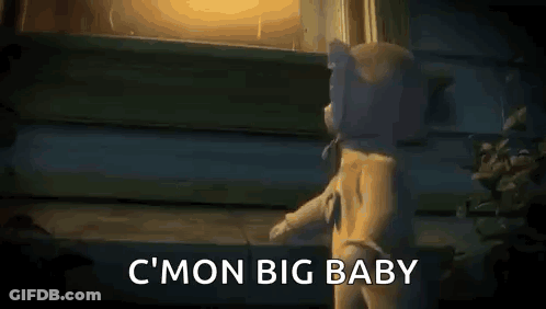 Baby Doll Crawling Next To Teddy Bear Says C'mon Big Baby GIF