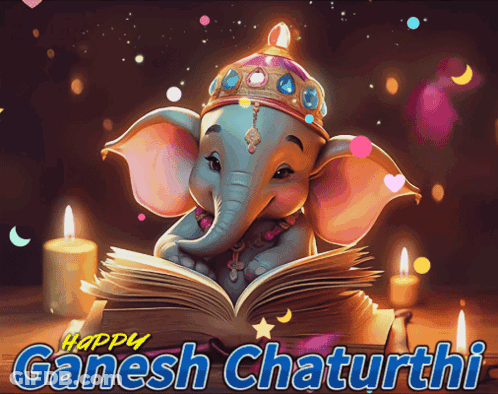 Baby Elephant Reading Book Happy Ganesh Chaturthi GIF