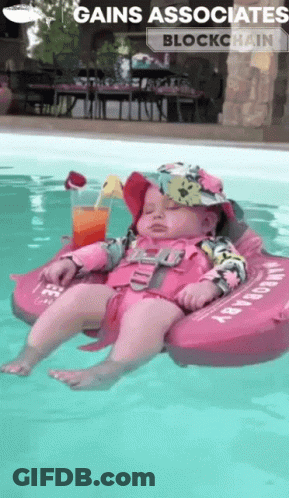 Baby Floating In Pool With Gains Associates Blockchain GIF
