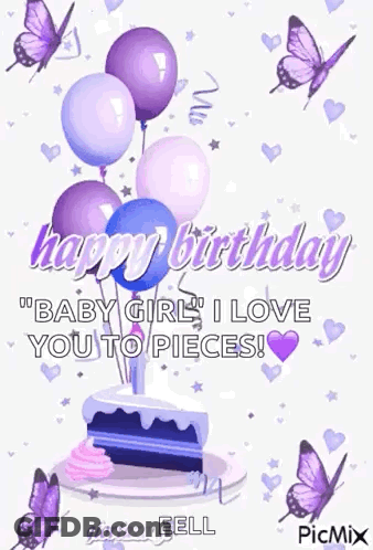 Baby Girl Birthday Card With Balloons And Butterflies GIF