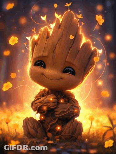 Baby Groot Surrounded By Flowers GIF