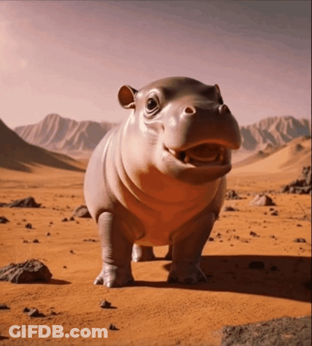 Baby Hippopotamus Standing In Desert Mouth Open GIF
