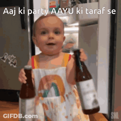 Baby Holding Two Beer Bottles Aaj Ki Party Aayu Ki Taraf Se GIF