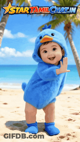 Baby In Blue Duck Costume On Beach Star Tamilchat.in GIF