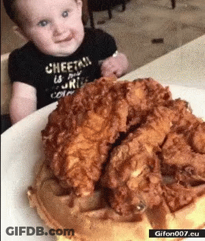 Baby In Cheetah Shirt Looking At Fried Chicken And Waffles GIF