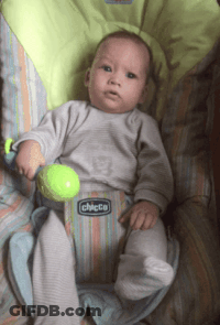 Baby In Chicco Bouncer Holding Toy GIF