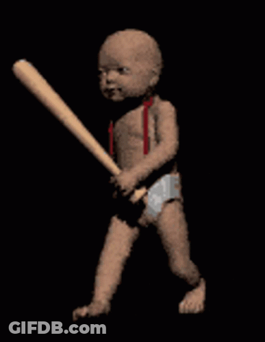 Baby In Diaper And Suspenders Holding Baseball Bat GIF
