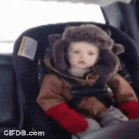 Baby In Furry Hat And Red Mittens In Car Seat GIF