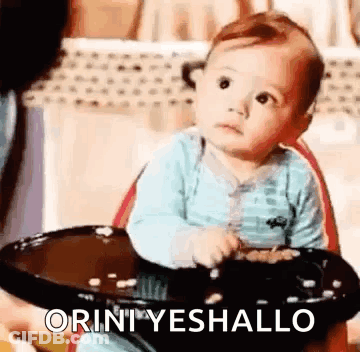 Baby In High Chair Holding Bowl Of Food GIF