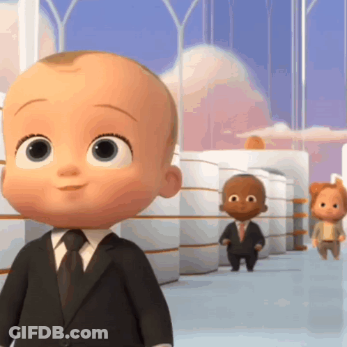 Baby In Suit Standing Next To Two Babies GIF