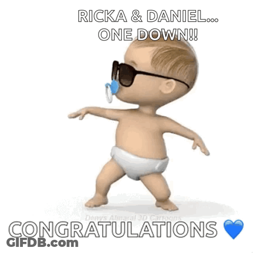 Baby In Sunglasses And Pacifier Dancing Ricka & Daniel One Down Congratulations GIF