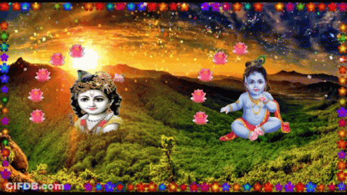 Baby Krishna Sitting In Grassy Field GIF