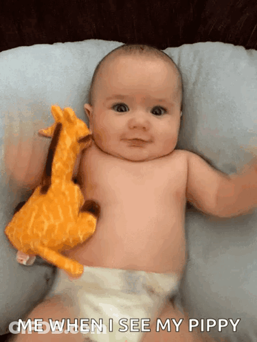 Baby Laying On Pillow Holding Stuffed Giraffe Me When I See My Pippy GIF