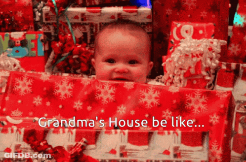 Baby Peeking Out Of Christmas Presents Grandma's House Be Like GIF