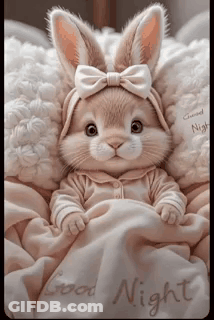 Baby Rabbit With Bow Laying On Bed Good Night GIF