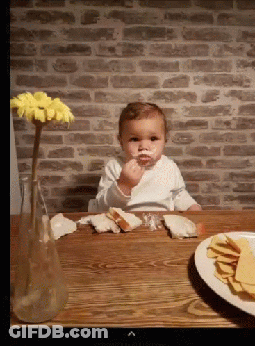 Baby Sitting At Table With Food And Flowers GIF