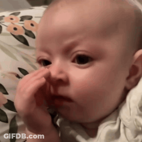 Baby Sitting On Floral Pillow Holding Nose GIF