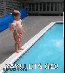 Baby Standing At Pool Edge Saying Yay Lets Go GIF