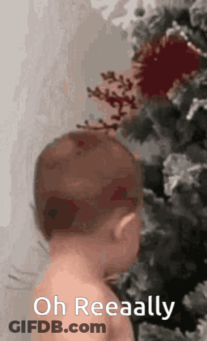 Baby Standing Before Christmas Tree With Oh Reeally GIF