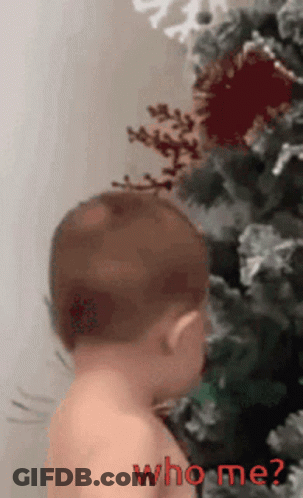 Baby Standing Before Christmas Tree With Who Me GIF