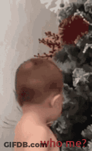 Baby Standing Before Christmas Tree With Who Me GIF