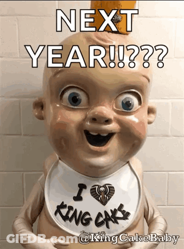 Baby Statue With Bib Saying I Love King Cake GIF