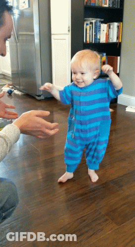 Baby Walking In Blue And Purple Striped Outfit GIF