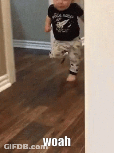 Baby Walking On Wooden Floor With Woah GIF