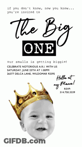 Baby Wearing Crown On Birthday Invitation GIF