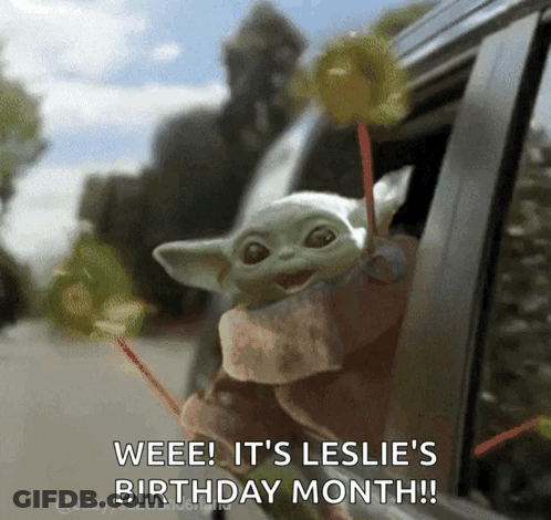 Baby Yoda Holding Lollipop Says Leslie's Birthday Month GIF