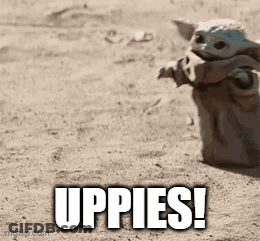 Baby Yoda Standing In Sand Saying Uppies GIF