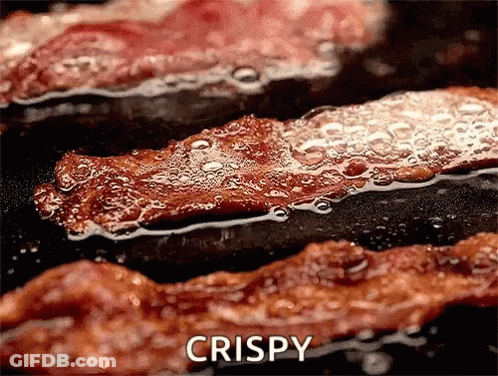 Bacon Cooking In Frying Pan With Word Crispy GIF