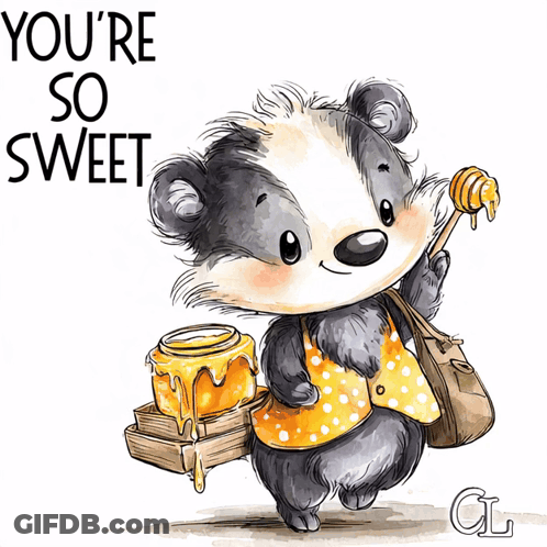 Badger Carrying Honey Jar And Dipper Saying You're So Sweet GIF