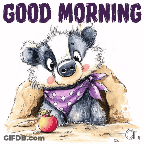 Badger In Purple Scarf With Apple Saying Good Morning GIF