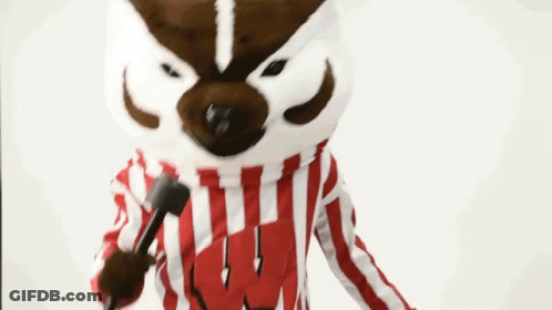 Badger Mascot Holding Microphone In Red And White Striped Shirt GIF