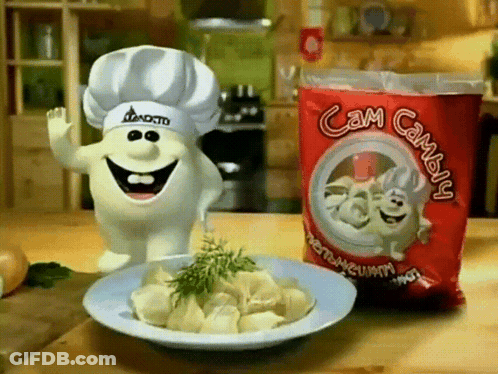 Bag Of Cam Cambly Next To Plate Of Dumplings GIF