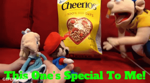 Bag Of Cheerios On Red Couch With Mario Dolls GIF