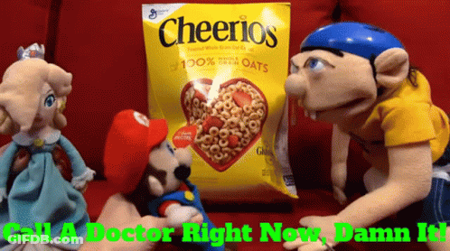 Bag Of Cheerios Surrounded By Stuffed Animals GIF