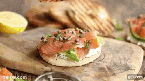 Bagel With Smoked Salmon, Capers, Avocado, And Cream Cheese GIF