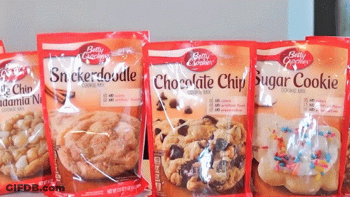 Bags Of Betty Crocker Cookie Mix Lined Up GIF