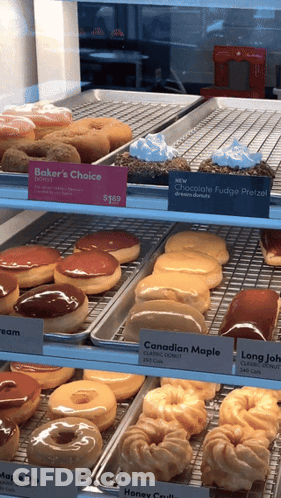 Baker 'S Choice Donuts Are Displayed On A Shelf GIF