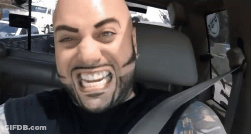 Bald Bearded Man Smiling In Back Seat Of Car GIF
