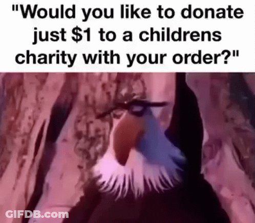 Bald Eagle Asking To Donate $1 To Children's Charity GIF