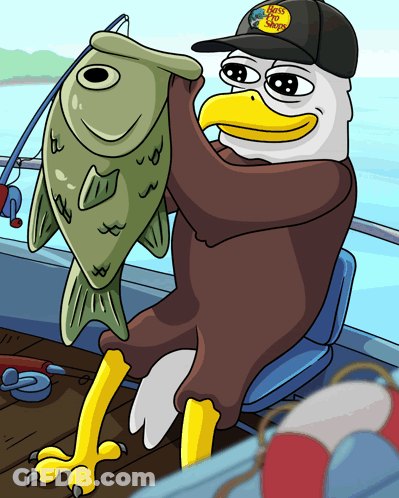 Bald Eagle Wearing Bass Pro Shop Hat Holding Fish GIF