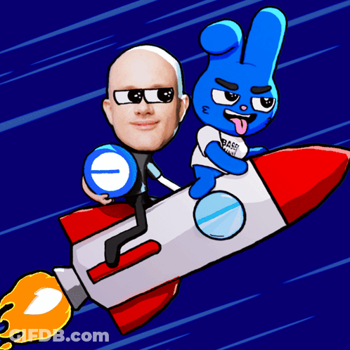 Bald Man And Blue Bunny Riding Rocket GIF