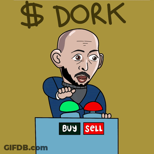 Bald Man Holding Button Saying Buy And Sell GIF
