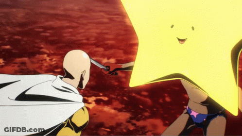 Bald Man Holding Sword In Front Of Smiling Star GIF