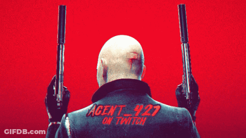 Bald Man Holding Two Guns Agent 427 On Twitch On Back GIF
