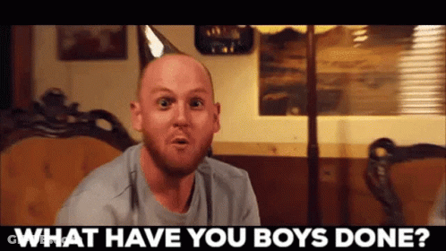 Bald Man In Party Hat Asking What Have You Boys Done GIF